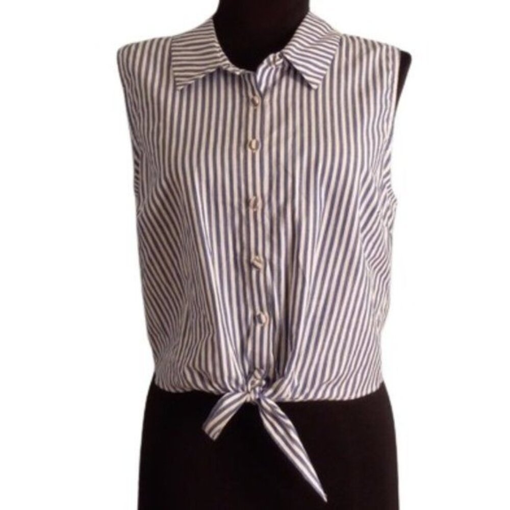 ModCloth M Top Crop Sleeveless Blue White Striped Button Up Tie Front Shirt NEW